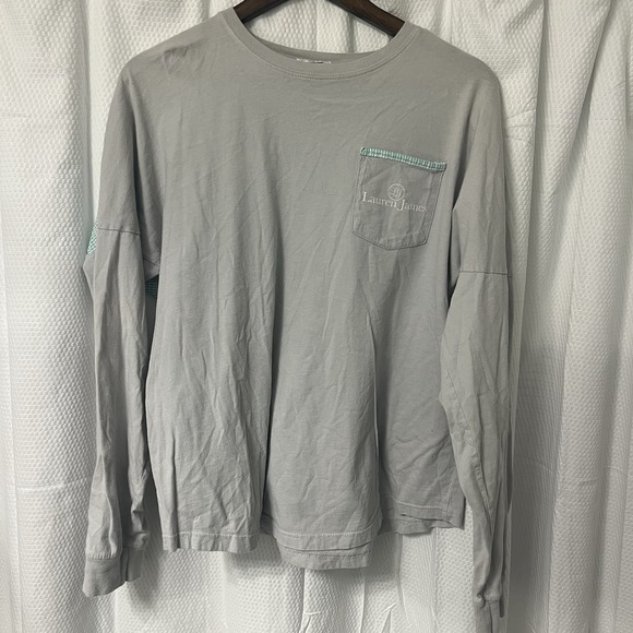 Lauren James Tops - Lauren‎ James Tee T-shirt Medium Florida LS Gray Green Seersucker Beach Boho EC